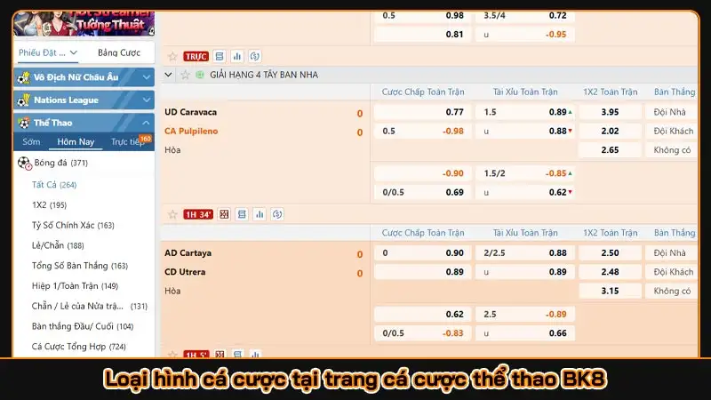 Loại hình cá cược tại trang cá cược thể thao BK8
